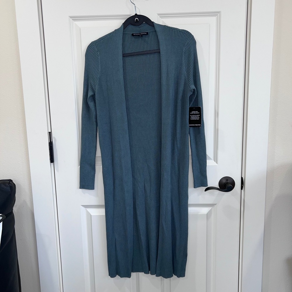 NWT Boston Proper Long Ribbed Knit Open Front Cardigan Sweater Green Size Medium